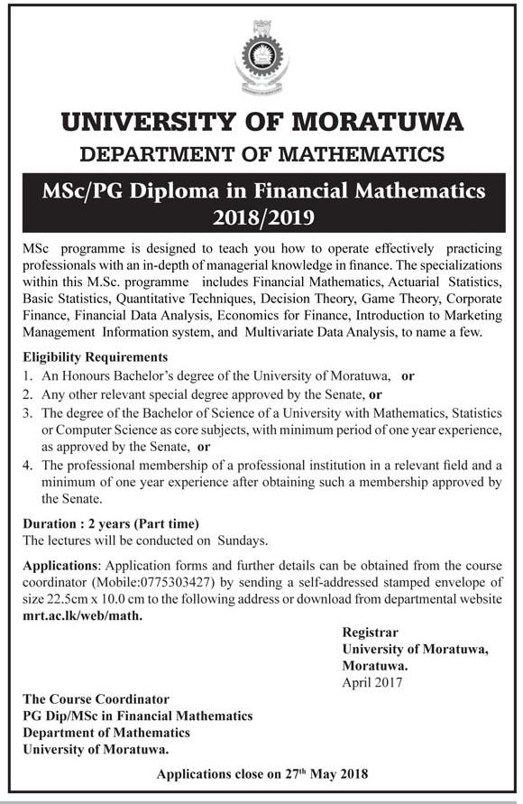 MSc/PG Diploma in Financial Mathematics - Department of Mathematics - University of Moratuwa